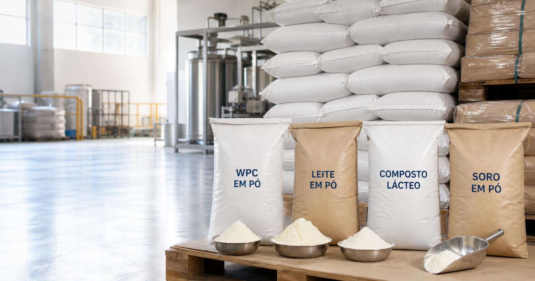 Sacarias de WPC em pó, leite em pó, composto lácteo e soro em pó em ambiente industrial